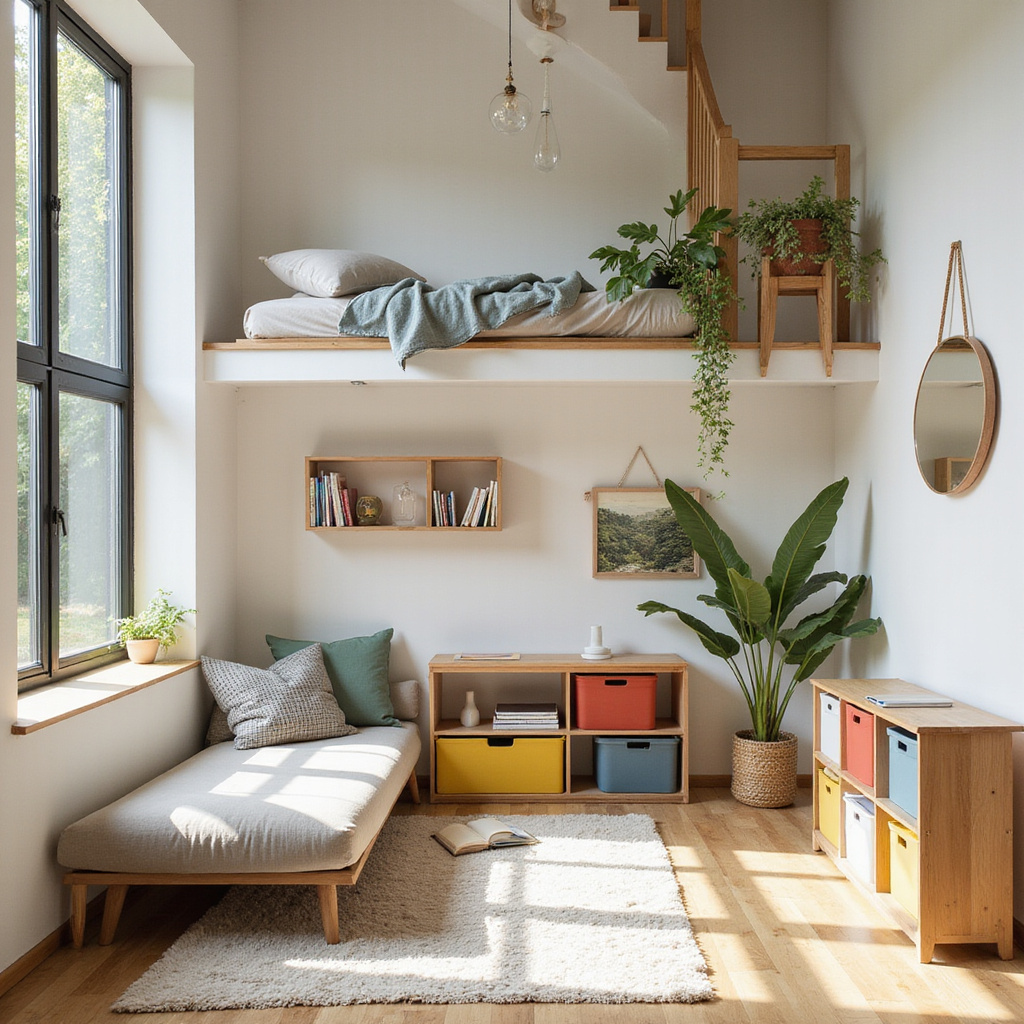Image dun petit appartement bien aménagé avec des étagères murales, un canapé-lit et des panneaux coulissants pour séparer les espaces.