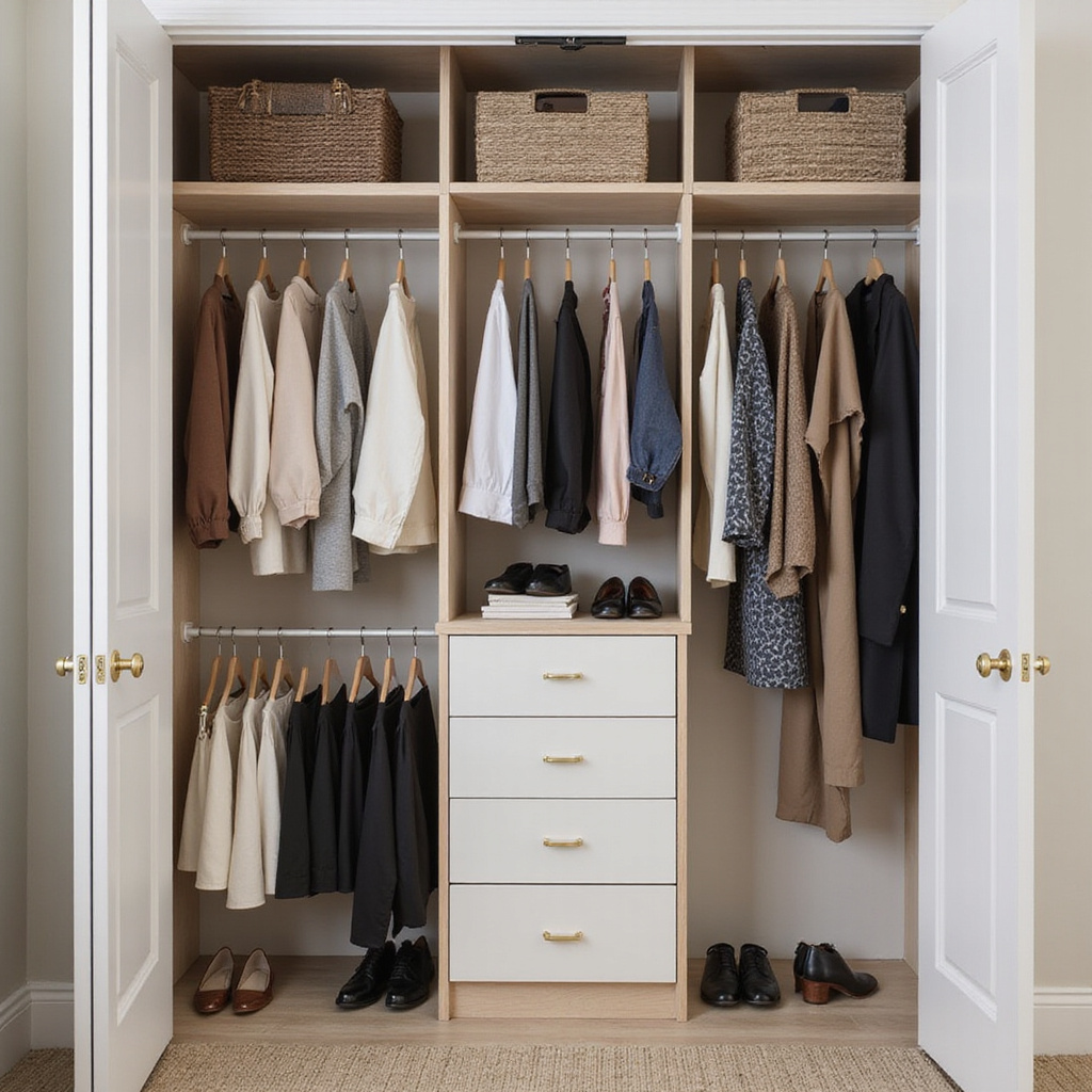 Une femme trie des vêtements dans son dressing, entourée de piles de vêtements bien rangés et de boîtes de rangement.