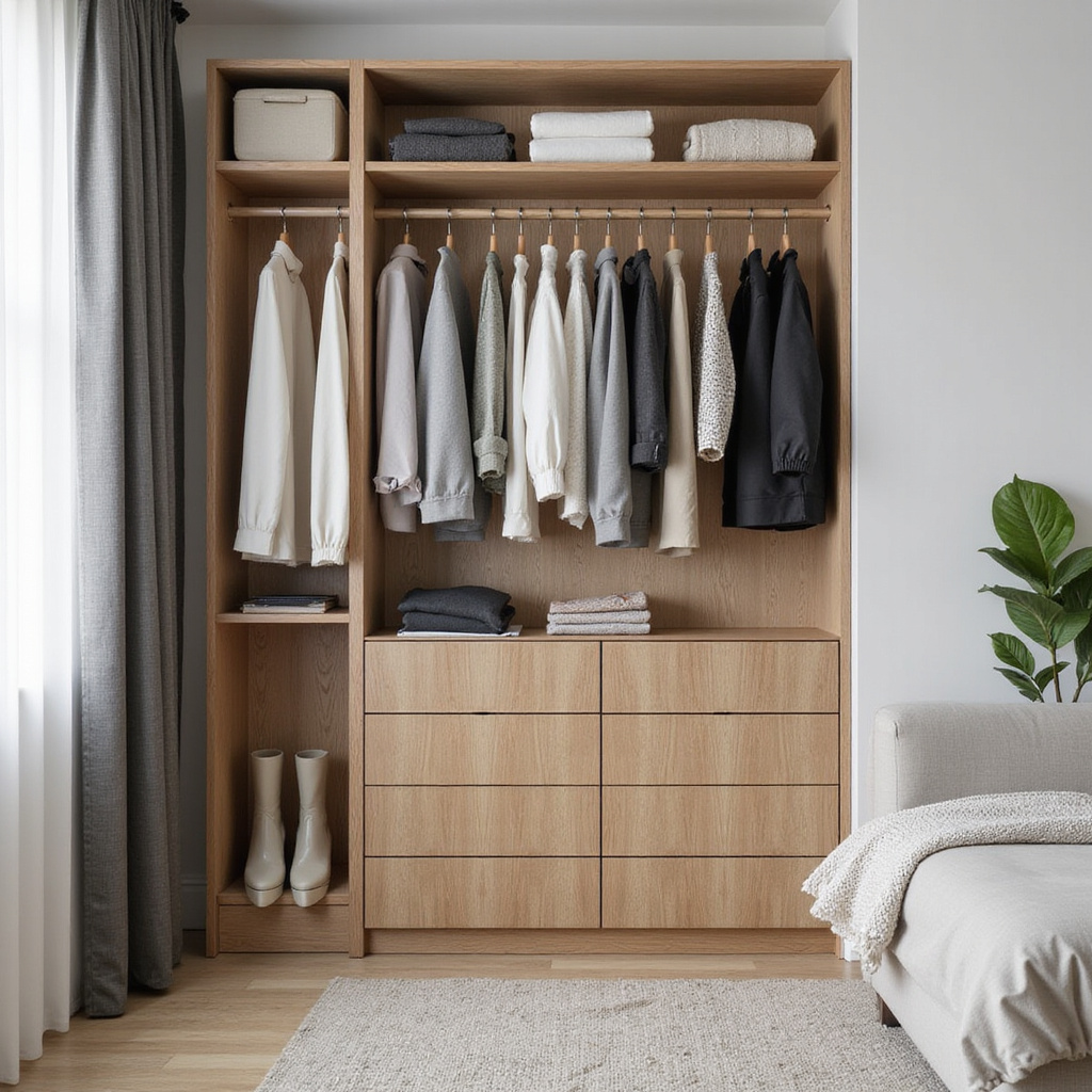 Une femme trie des vêtements dans son dressing, entourée de piles de vêtements bien rangés et de boîtes de rangement.