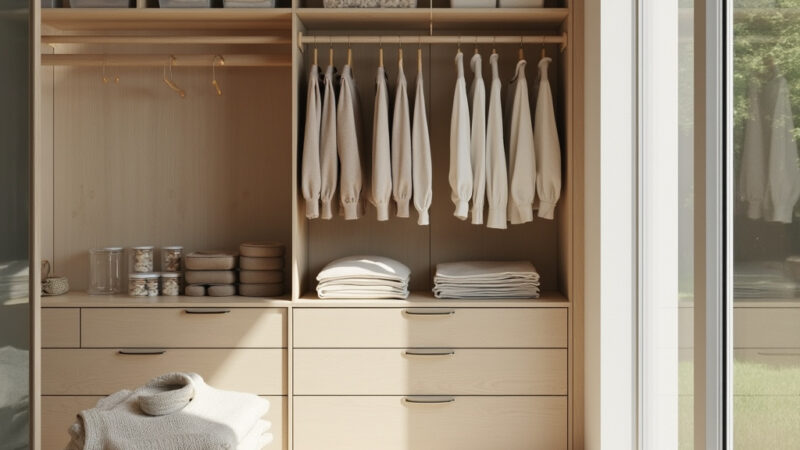 Une femme trie des vêtements dans son dressing, entourée de piles de vêtements bien rangés et de boîtes de rangement.