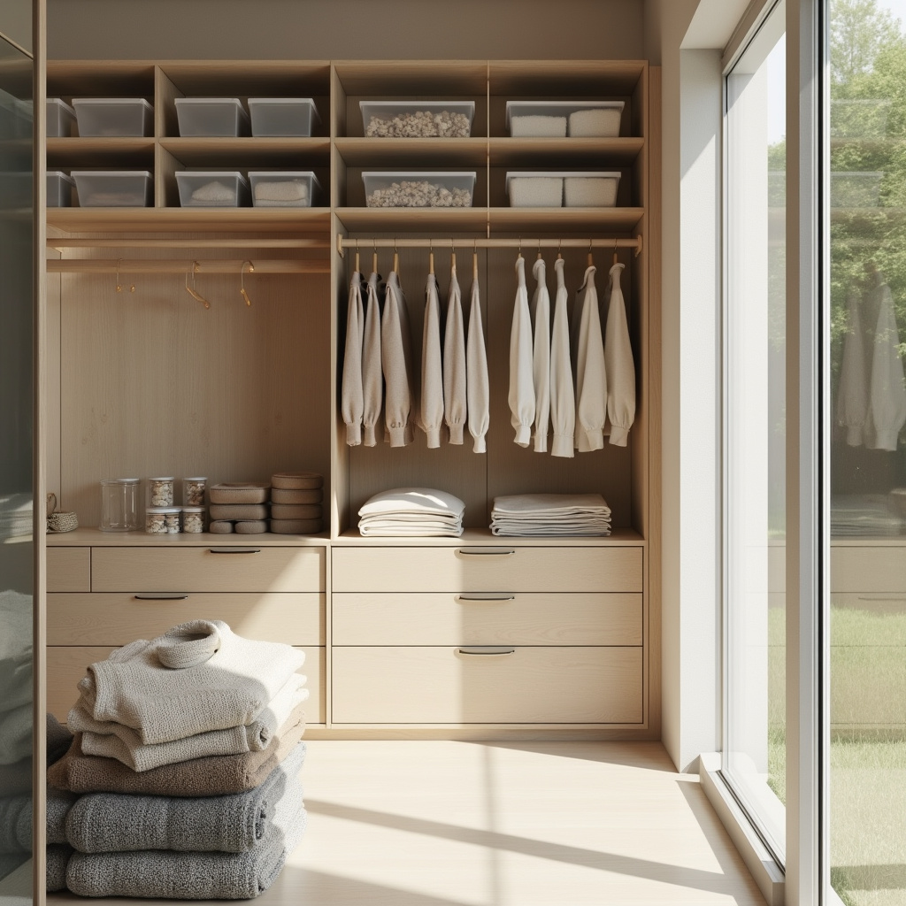 Une femme trie des vêtements dans son dressing, entourée de piles de vêtements bien rangés et de boîtes de rangement.