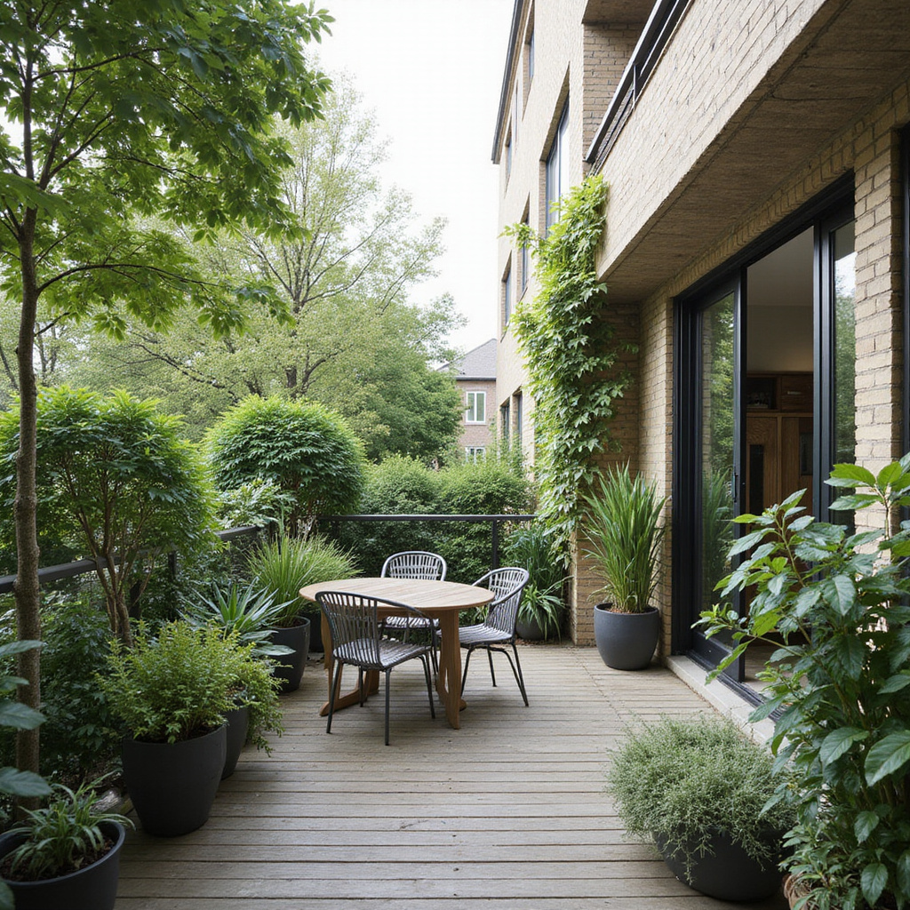Une terrasse verte luxuriante avec des plantes et des meubles confortables, offrant un espace de détente en plein cœur de la ville.