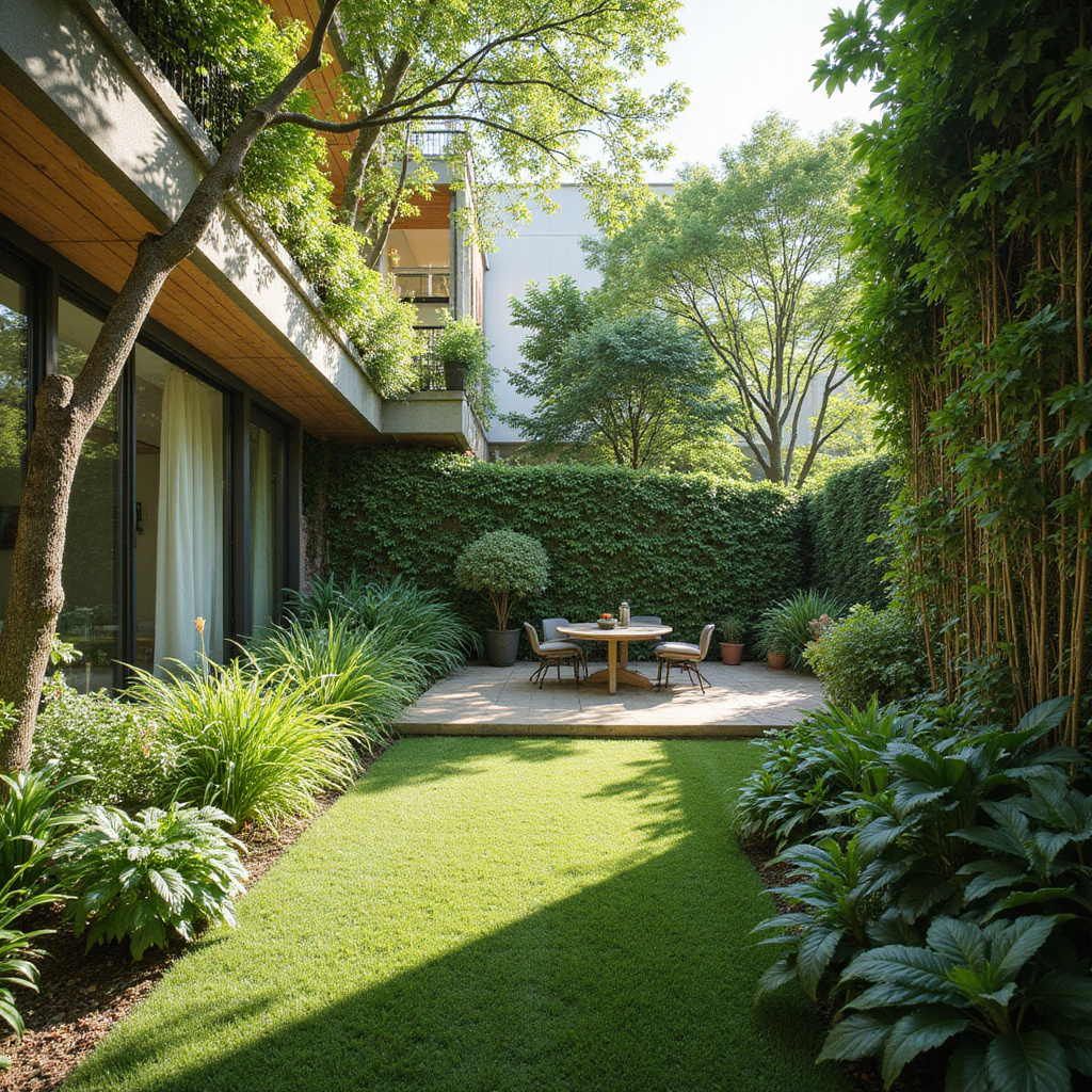 Une terrasse verte luxuriante avec des plantes et des meubles confortables, offrant un espace de détente en plein cœur de la ville.