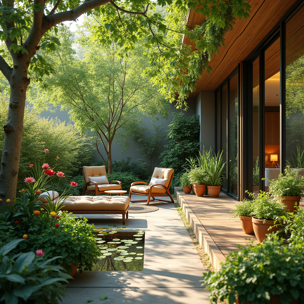 Une terrasse verte luxuriante avec des plantes et des meubles confortables, offrant un espace de détente en plein cœur de la ville.