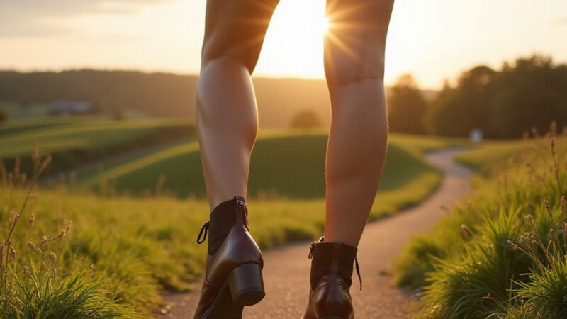 Alt-text : Femme portant des chaussures élégantes et confortables, marchant en ville avec style et aisance.