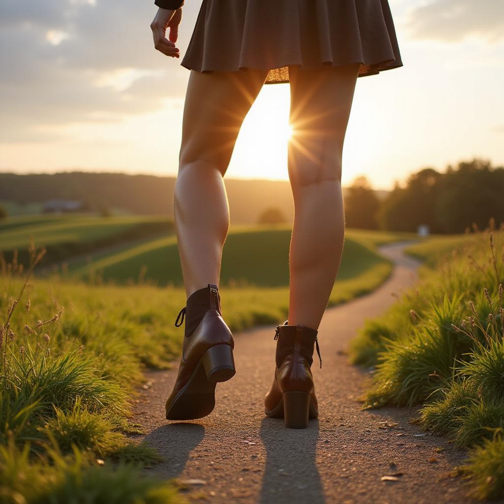 Alt-text : Femme portant des chaussures élégantes et confortables, marchant en ville avec style et aisance.