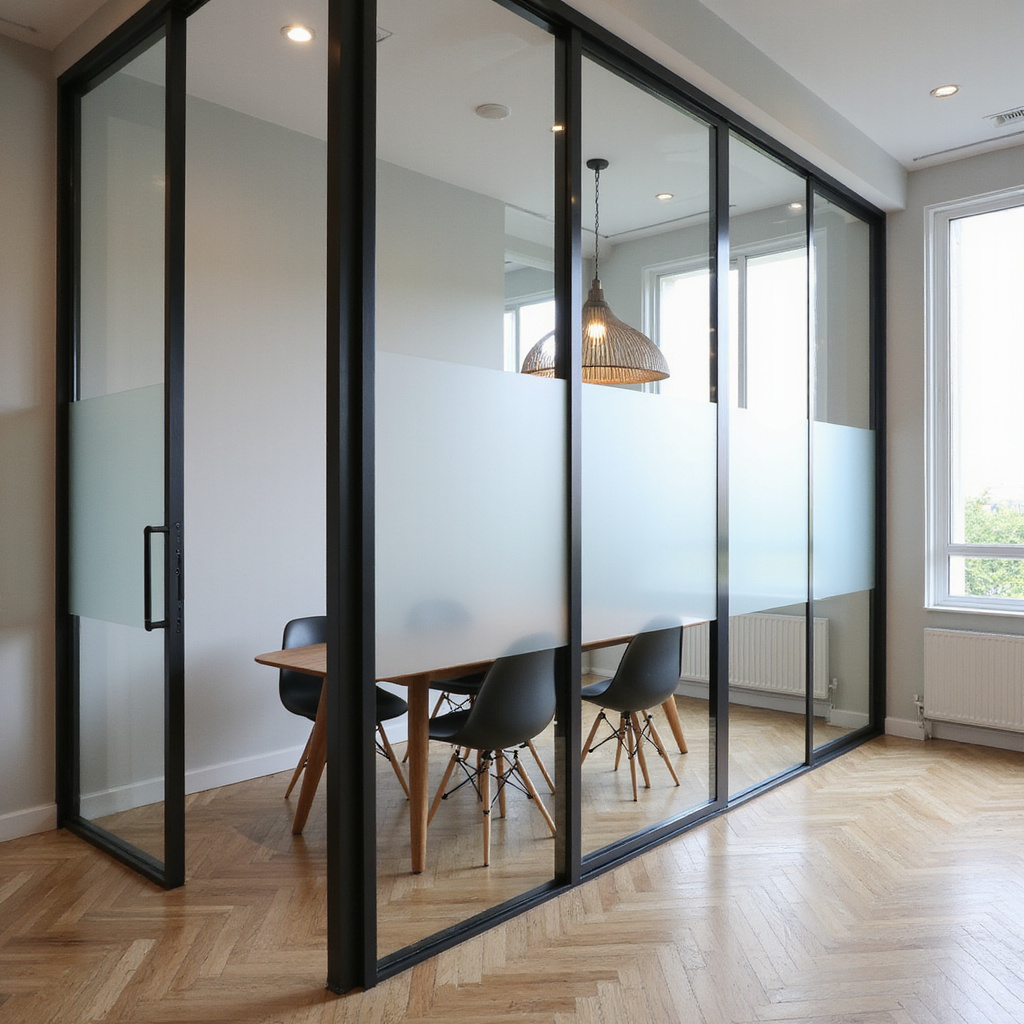 Image montrant une verrière dintérieur moderne séparant un salon et une cuisine, avec des montants en métal et des grandes vitres laissant passer la lumière naturelle.