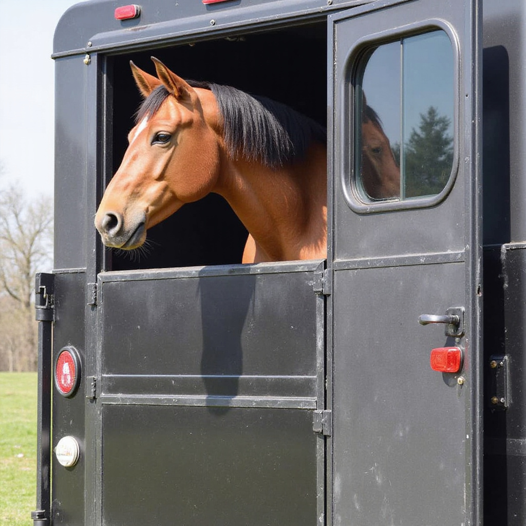 Alt-text : Un cheval bien attaché dans une remorque sécurisée, prêt pour un voyage sans stress.