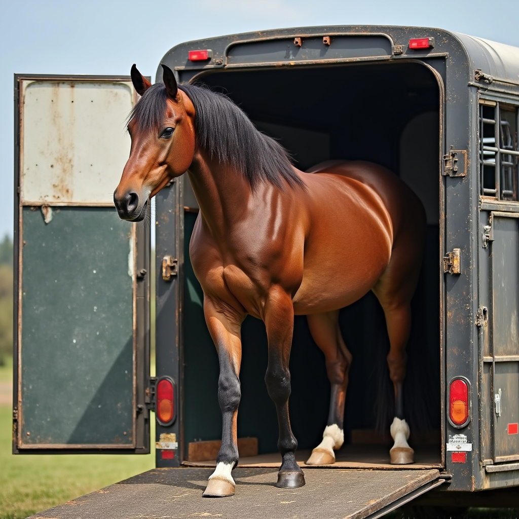 Alt-text : Un cheval bien attaché dans une remorque sécurisée, prêt pour un voyage sans stress.