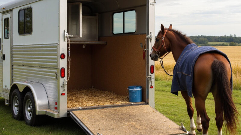 Alt-text : Un cheval bien attaché dans une remorque sécurisée, prêt pour un voyage sans stress.