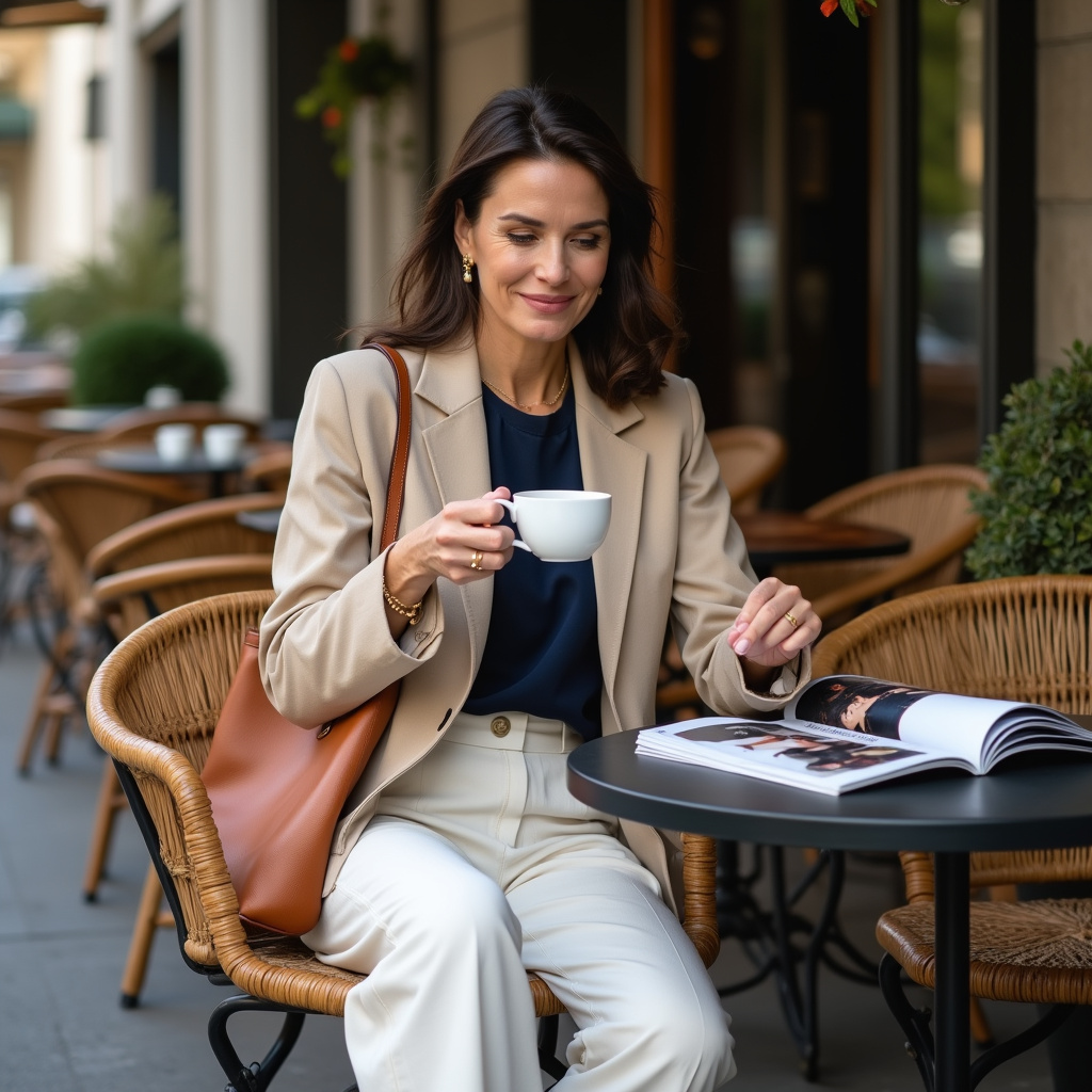 Une femme de 42 ans portant une robe fluide imprimée, associée à une veste structurée et des bijoux graphiques, illustrant parfaitement l’élégance et l’audace des tendances actuelles.