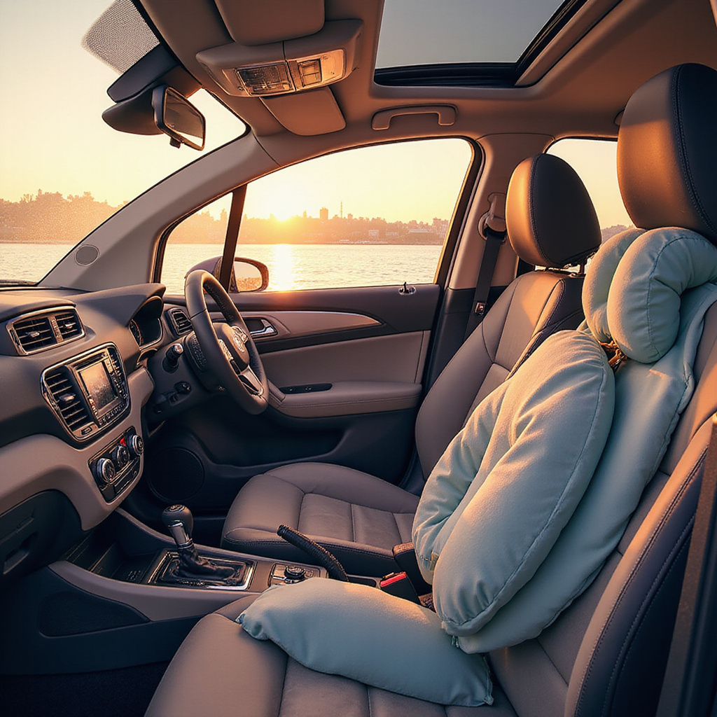 Alt-text : Une voiture équipée d’un pare-soleil réfléchissant, avec des manches anti-UV posées sur le siège conducteur et une crème solaire stick sur le tableau de bord.