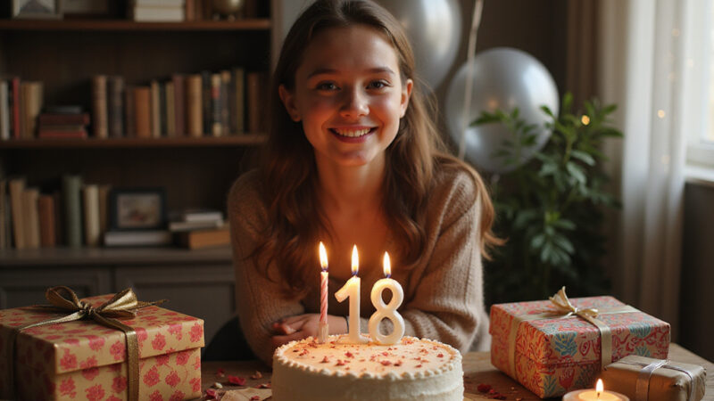Jeune adulte ouvrant un cadeau d’anniversaire entouré de ballons et de confettis.