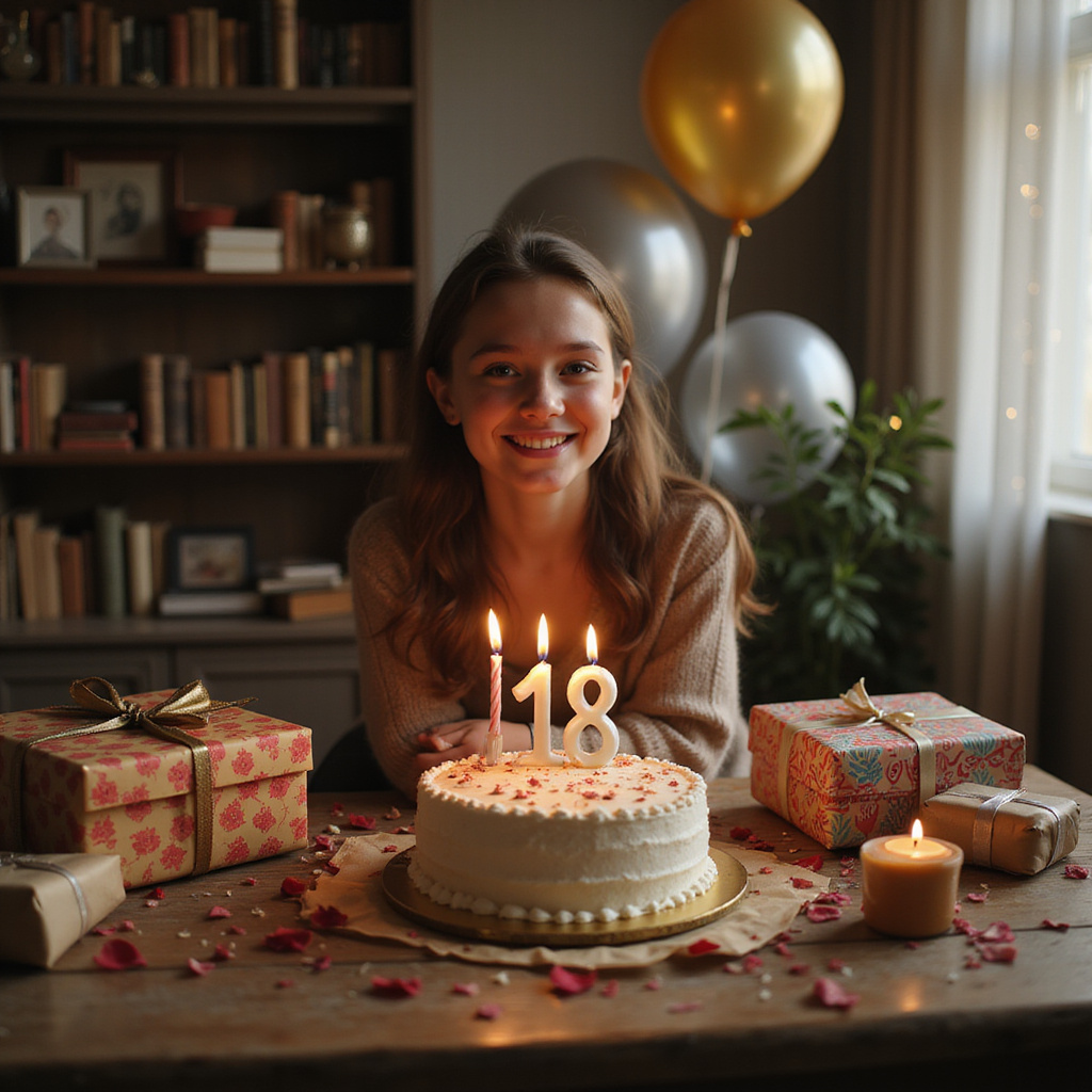 Jeune adulte ouvrant un cadeau d’anniversaire entouré de ballons et de confettis.