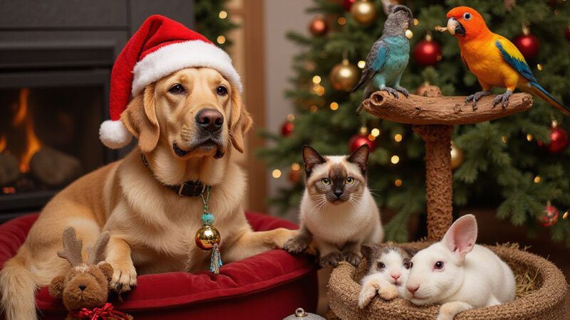 [Chien et chat jouant avec des jouets de Noël dans un décor festif]