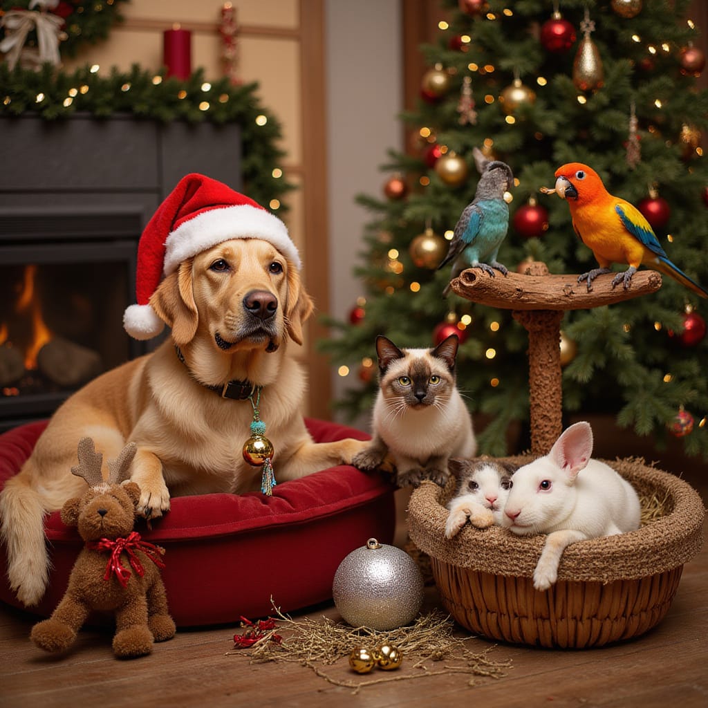 [Chien et chat jouant avec des jouets de Noël dans un décor festif]