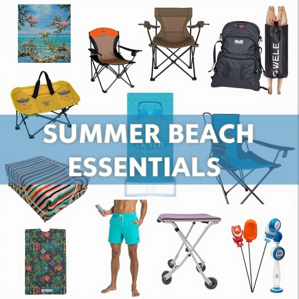 A curated selection of beach essentials including sunscreen, chairs, games, and accessories for a stress-free summer day by the water.