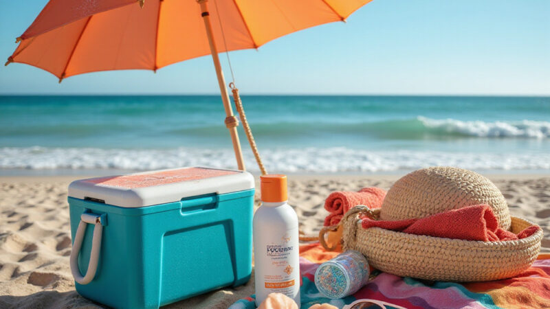 A curated selection of beach essentials including sunscreen, chairs, games, and accessories for a stress-free summer day by the water.