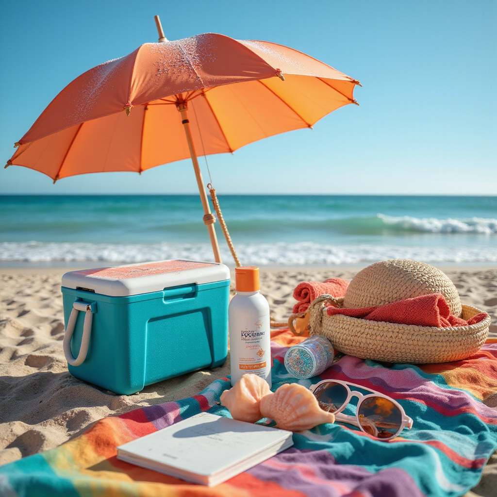 A curated selection of beach essentials including sunscreen, chairs, games, and accessories for a stress-free summer day by the water.