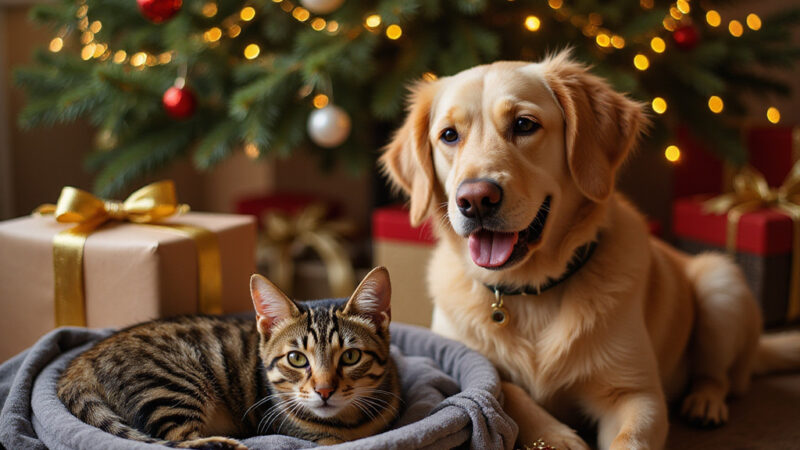 [Description alt de la grafique : Jouet distributeur en forme de balle pour chien ou chat, avec croquettes à l’intérieur, reposant sur un tapis de Noël.]