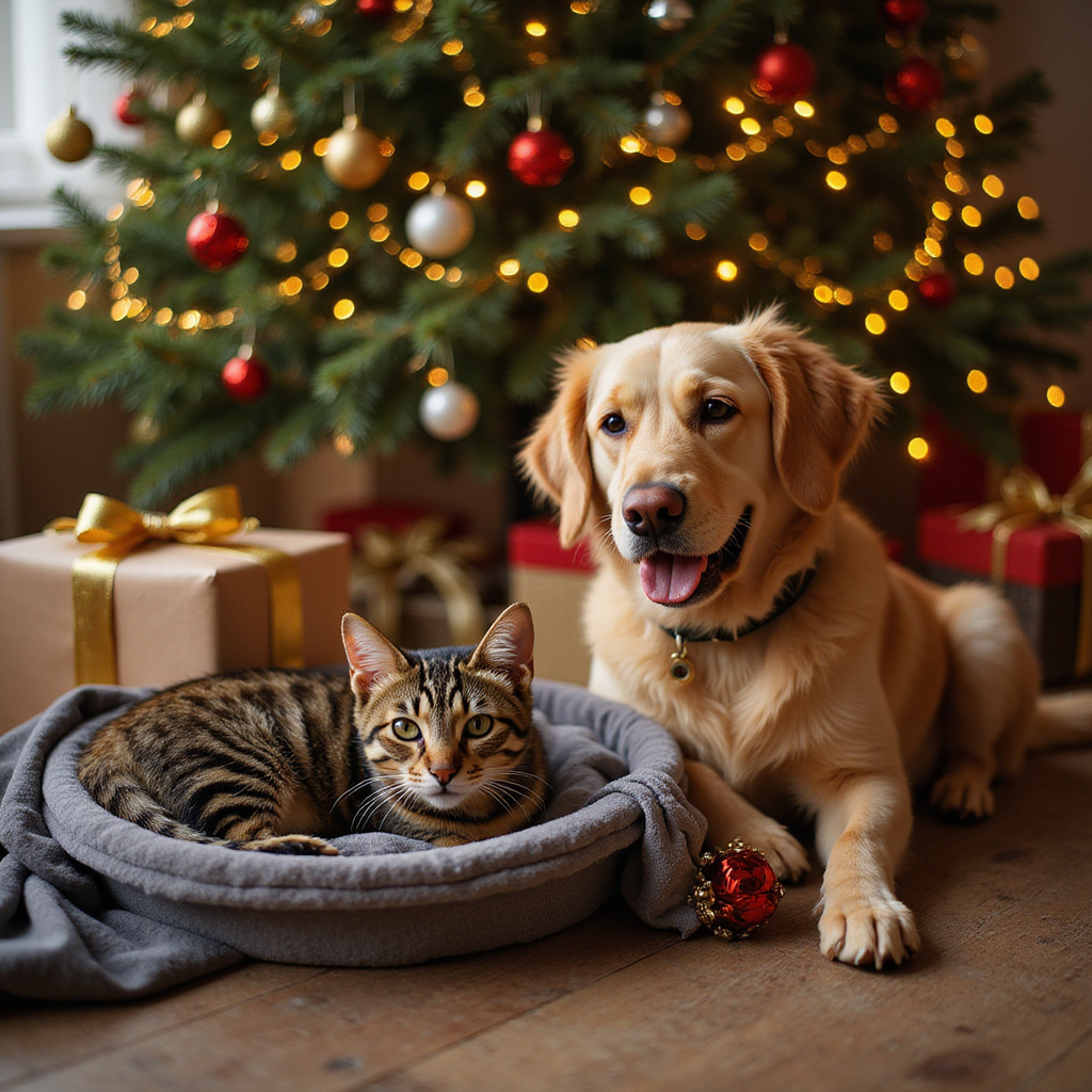 [Description alt de la grafique : Jouet distributeur en forme de balle pour chien ou chat, avec croquettes à l’intérieur, reposant sur un tapis de Noël.]