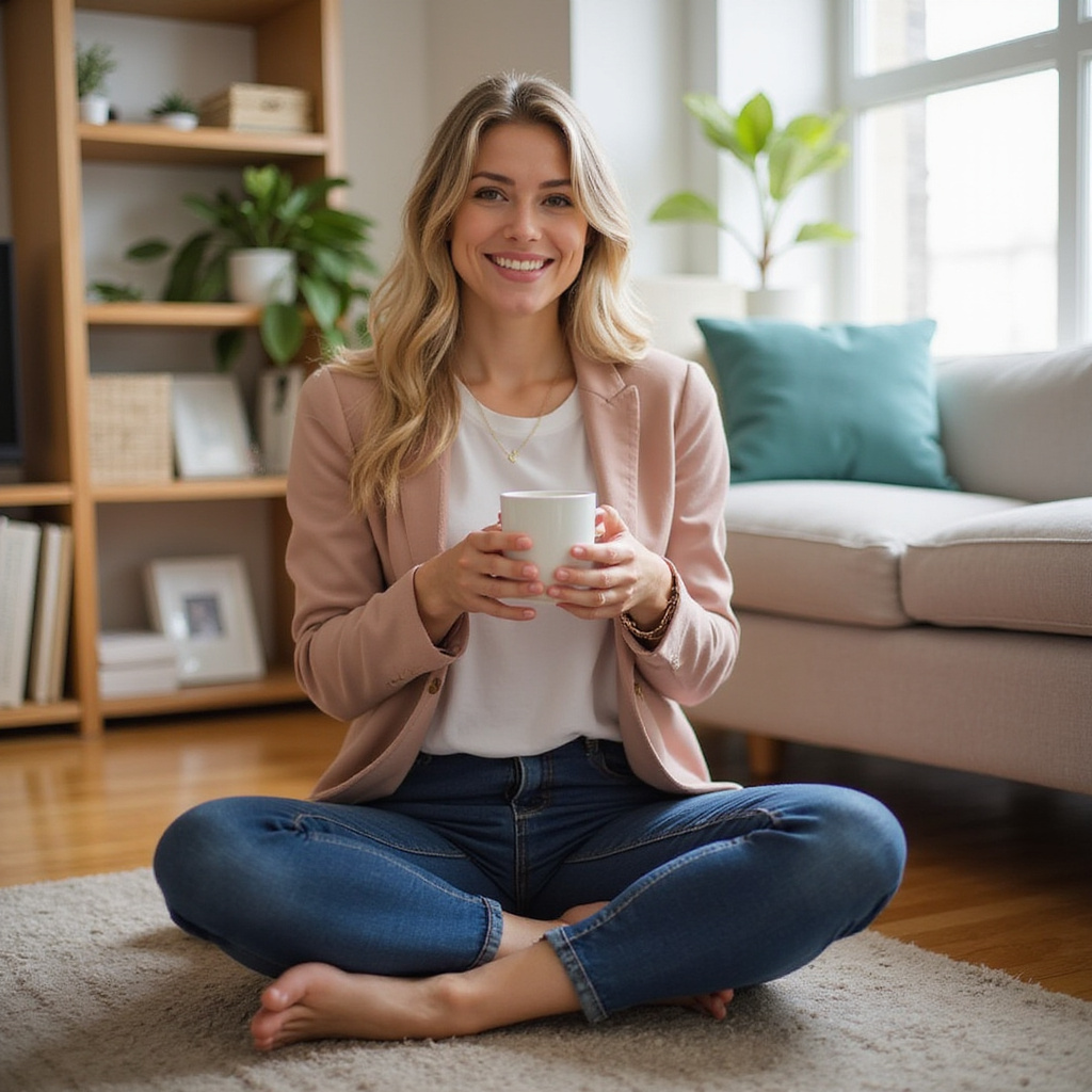 Une mère assise sur un canapé, contemplative, avec une tasse de café à la main, symbolisant la paix retrouvée après une période de transition familiale difficile.