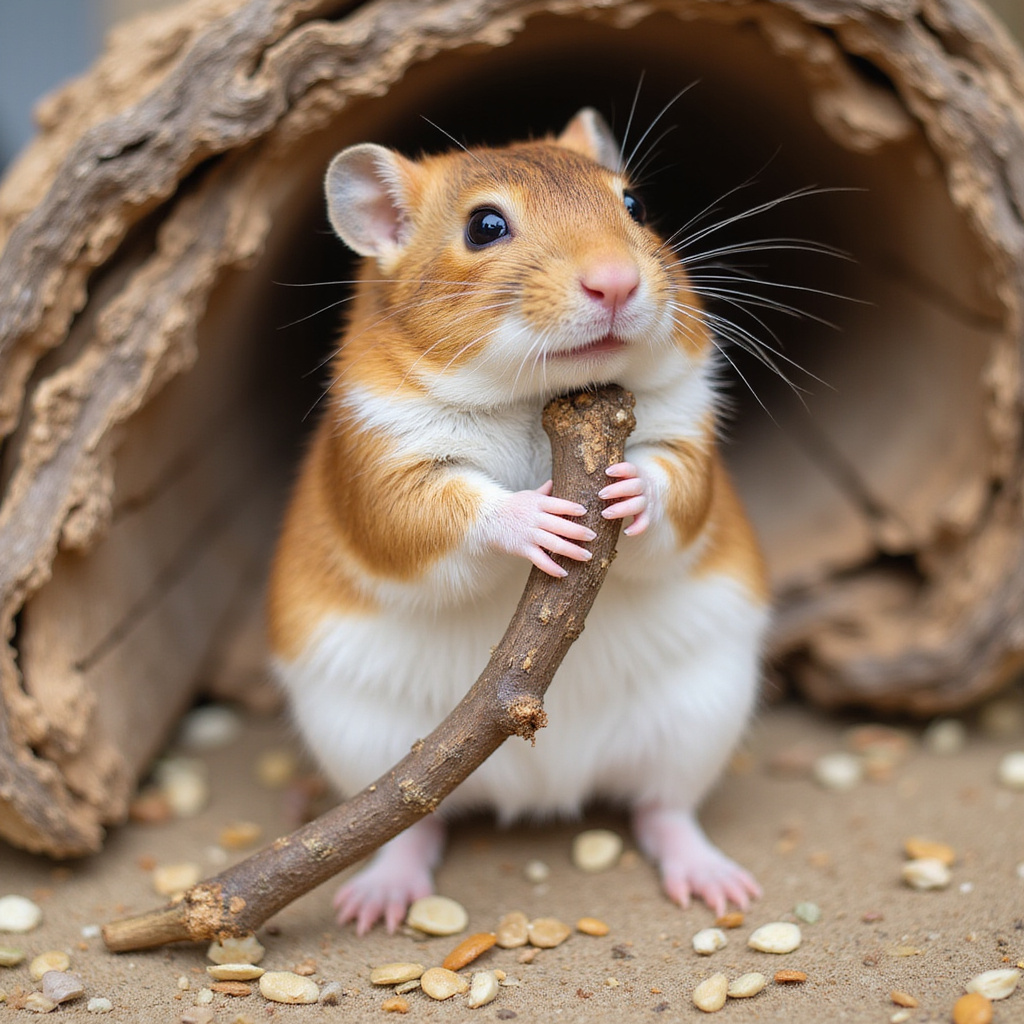 Alt-text : Une gerbille grimpant sur une branche naturelle dans sa cage, avec un environnement aménagé pour son bien-être.