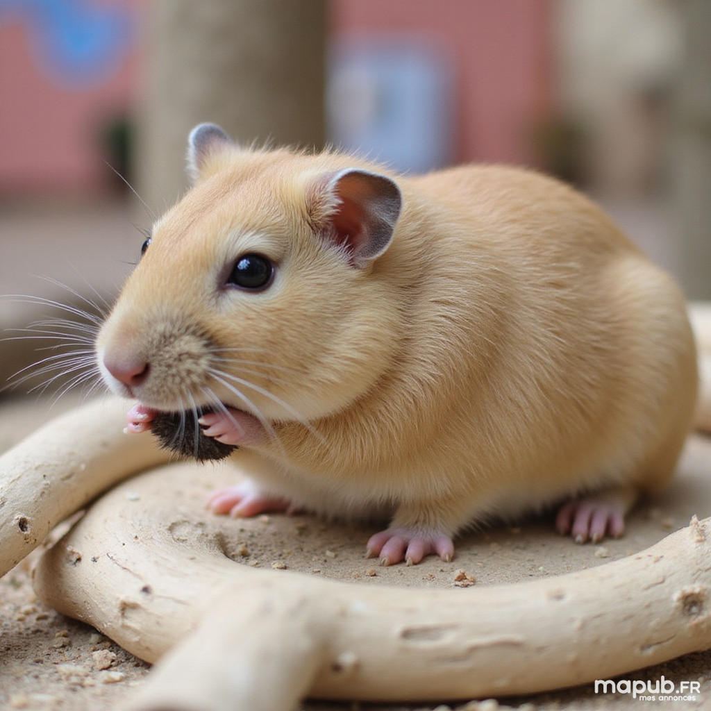 Alt-text : Une gerbille grimpant sur une branche naturelle dans sa cage, avec un environnement aménagé pour son bien-être.