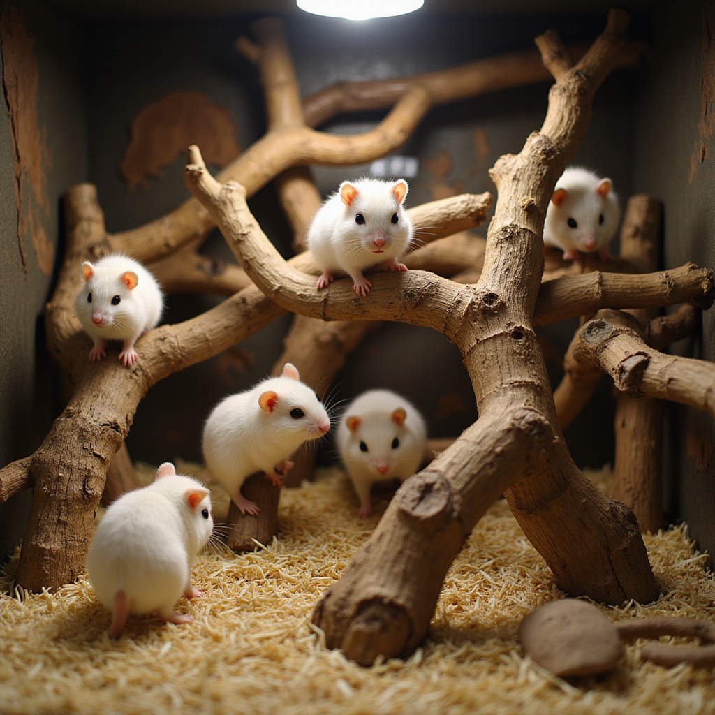 Alt-text : Une gerbille grimpant sur une branche naturelle dans sa cage, avec un environnement aménagé pour son bien-être.