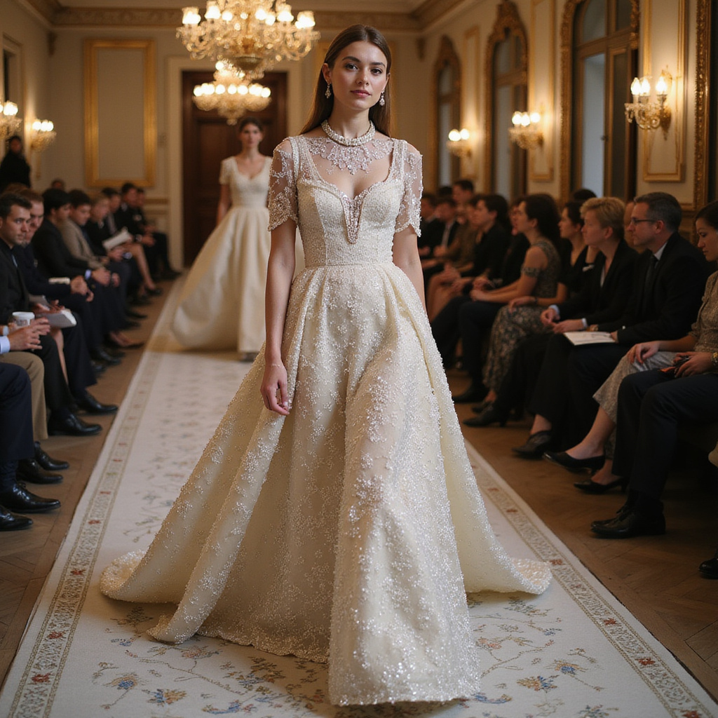 Une foule élégante devant un bâtiment emblématique, prête à assister au défilé Dior.