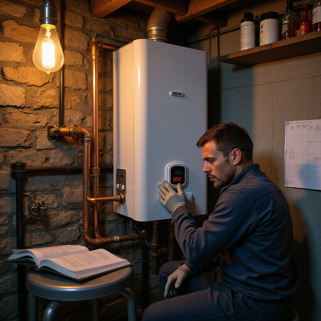 Un professionnel inspectant une chaudière à gaz pour assurer son bon fonctionnement et sa sécurité.