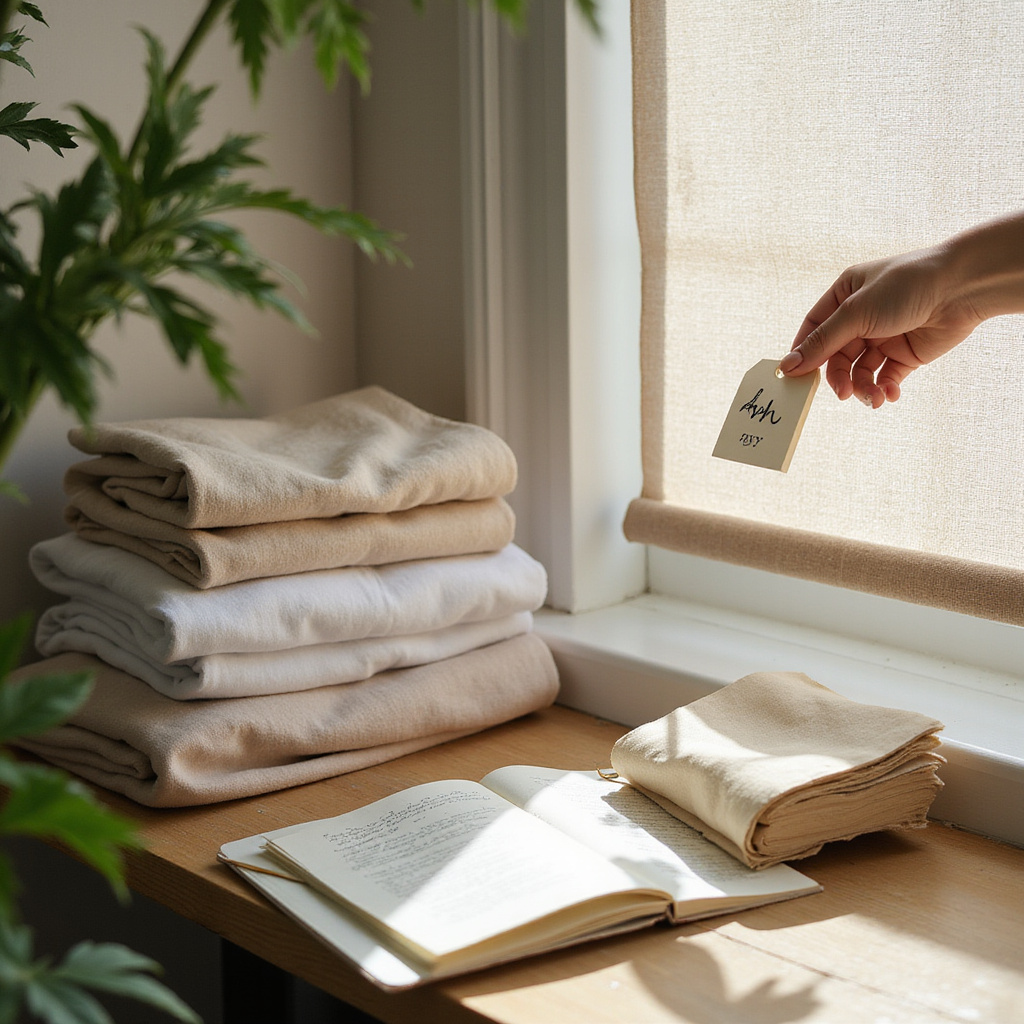 Une femme assise dans un intérieur minimaliste, entourée de plantes et de livres, en train de noter ses dépenses dans un journal, symbolisant un mode de vie low-buy.