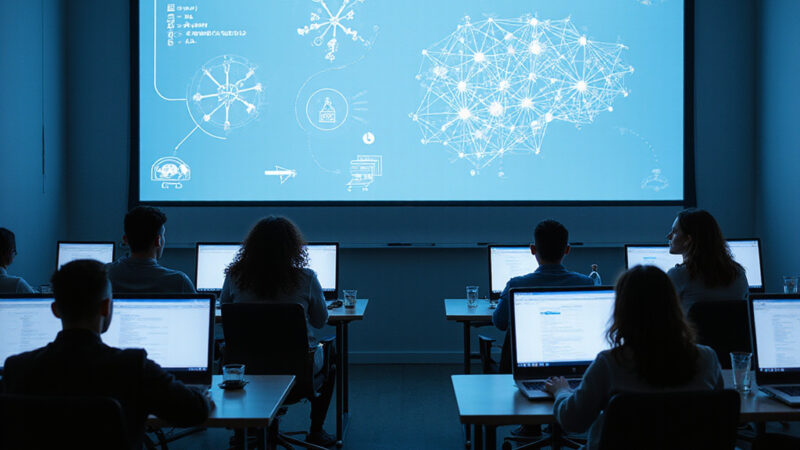 Étudiant suivant un cours en ligne sur l’intelligence artificielle avec des graphiques explicatifs à l’écran.