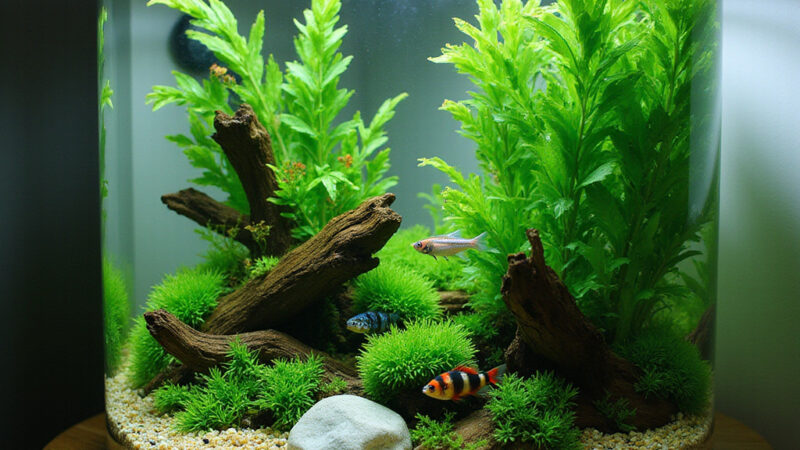 Alt-text : Un aquarium bien entretenu avec des poissons rouges, des guppys et des plantes aquatiques, illustrant un écosystème harmonieux pour les débutants.
