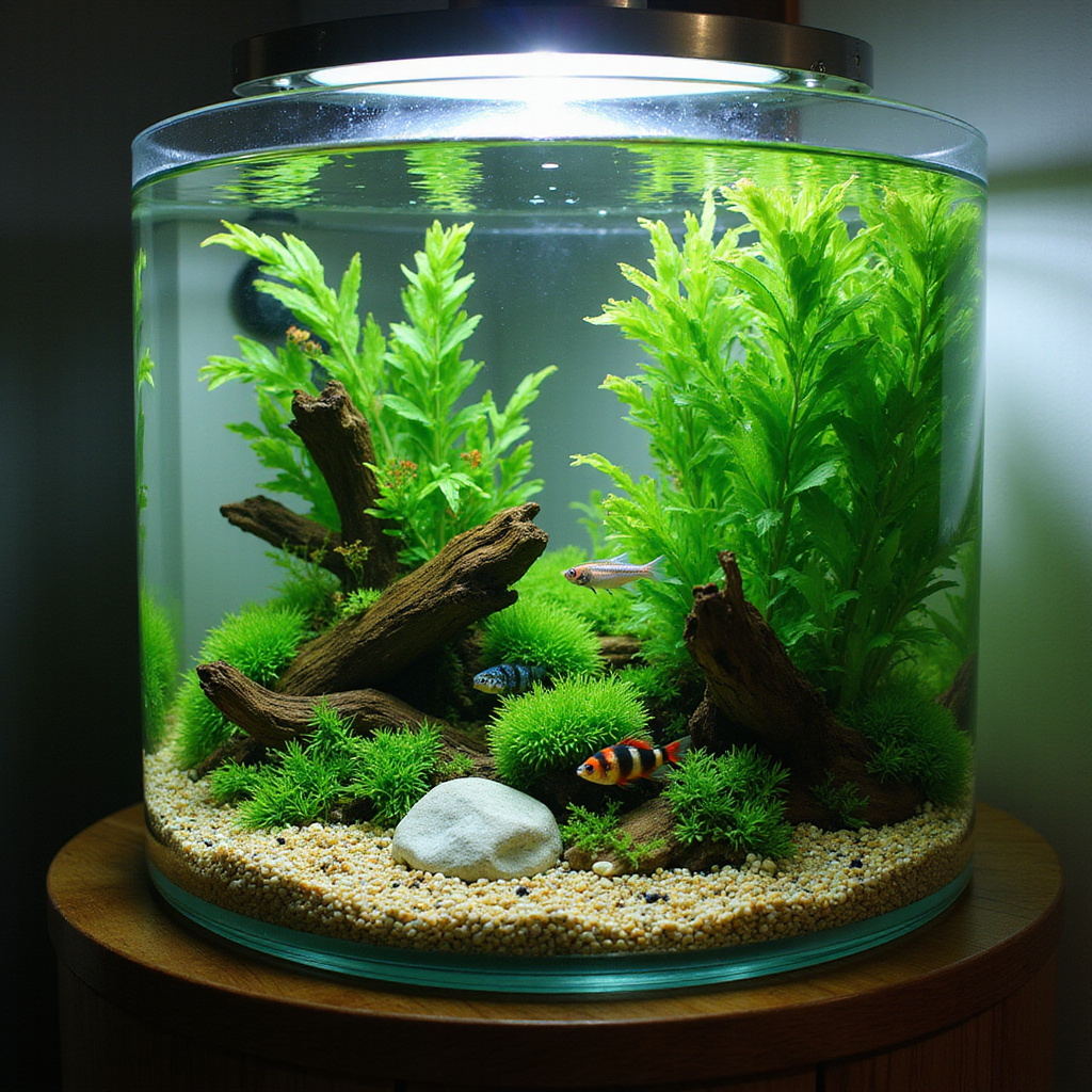 Alt-text : Un aquarium bien entretenu avec des poissons rouges, des guppys et des plantes aquatiques, illustrant un écosystème harmonieux pour les débutants.