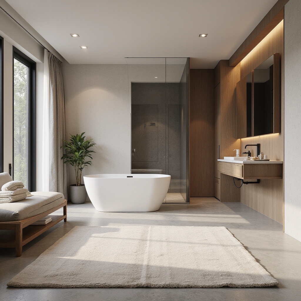 Une salle de bain ouverte intégrée à une chambre moderne avec des matériaux élégants et une douche spacieuse.