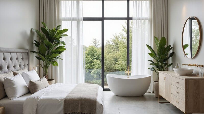 Une salle de bain ouverte intégrée à une chambre moderne avec des matériaux élégants et une douche spacieuse.