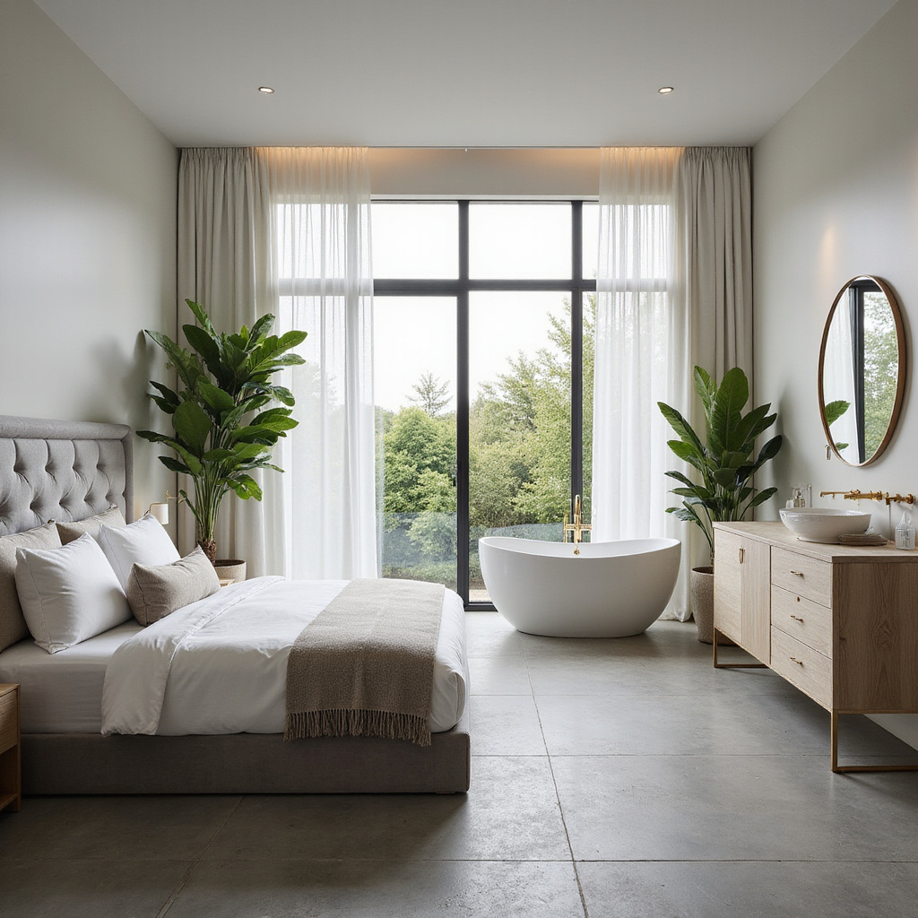 Une salle de bain ouverte intégrée à une chambre moderne avec des matériaux élégants et une douche spacieuse.