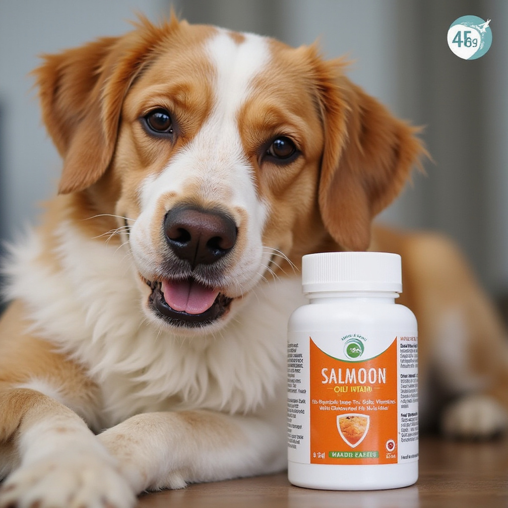 Image alt-text: Un chien au pelage brillant et soyeux, entouré de suppléments naturels pour améliorer sa fourrure.