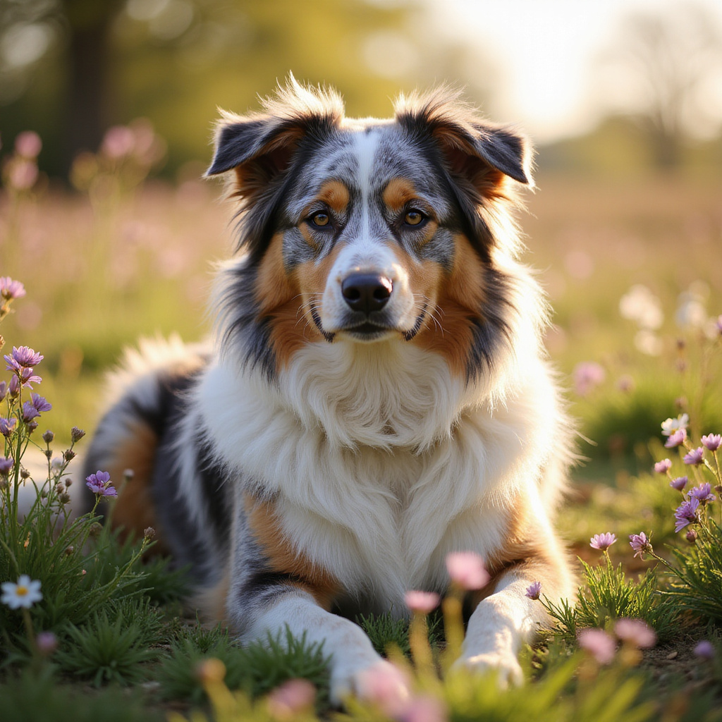 Image alt-text: Un chien au pelage brillant et soyeux, entouré de suppléments naturels pour améliorer sa fourrure.