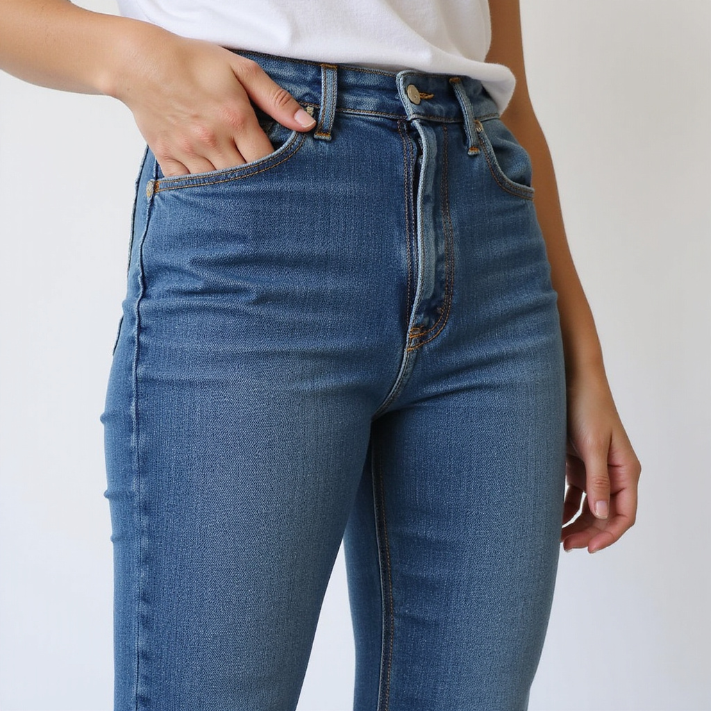 Alt-text : Une paire de jeans eco denim posée sur une étagère en bois, avec des étiquettes de certification visibles.