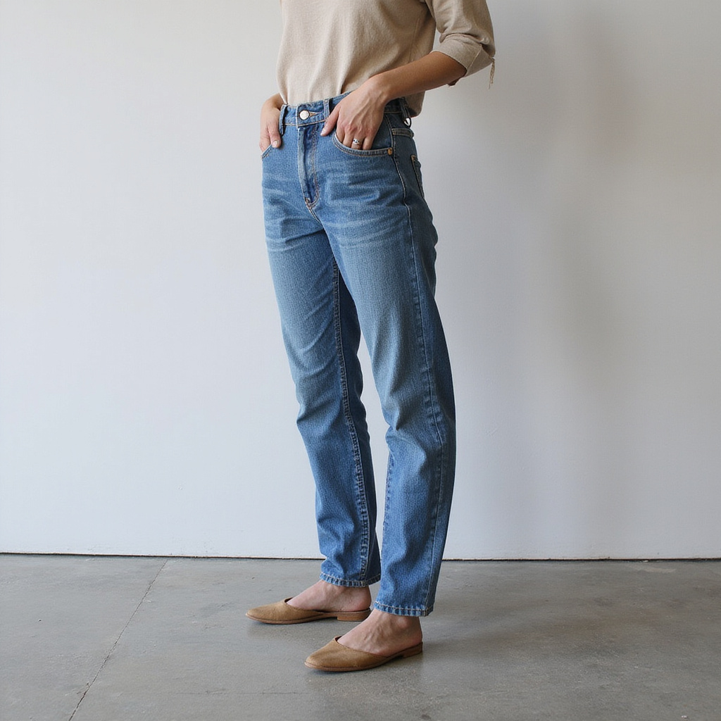 Alt-text : Une paire de jeans eco denim posée sur une étagère en bois, avec des étiquettes de certification visibles.