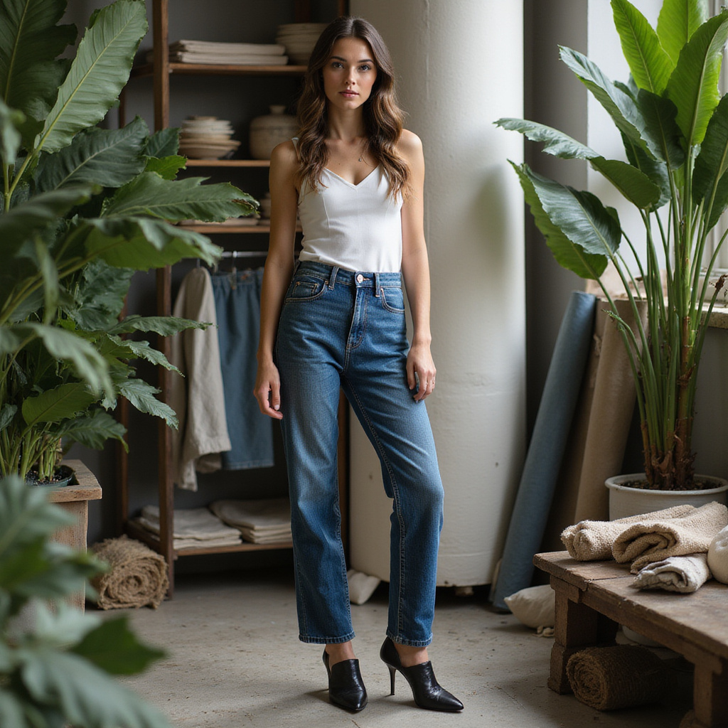 Alt-text : Une paire de jeans eco denim posée sur une étagère en bois, avec des étiquettes de certification visibles.