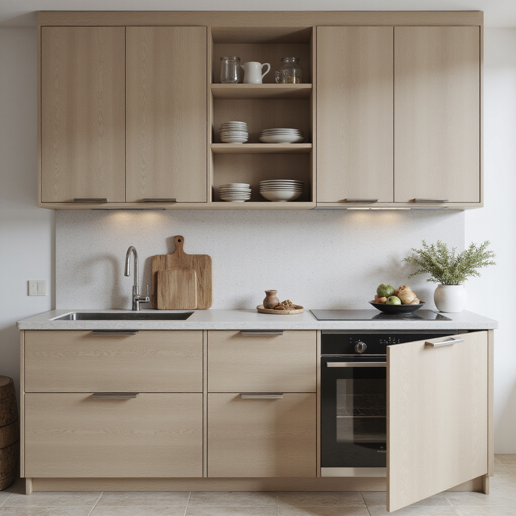 Alt-text : Cuisine moderne avec des appareils électroménagers intégrés dans des meubles sur mesure, offrant une esthétique épurée et fonctionnelle.