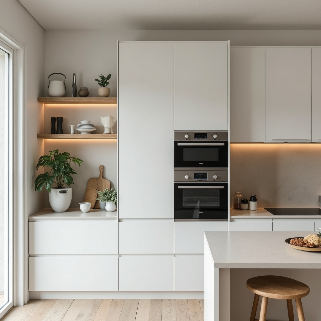 Alt-text : Cuisine moderne avec des appareils électroménagers intégrés dans des meubles sur mesure, offrant une esthétique épurée et fonctionnelle.