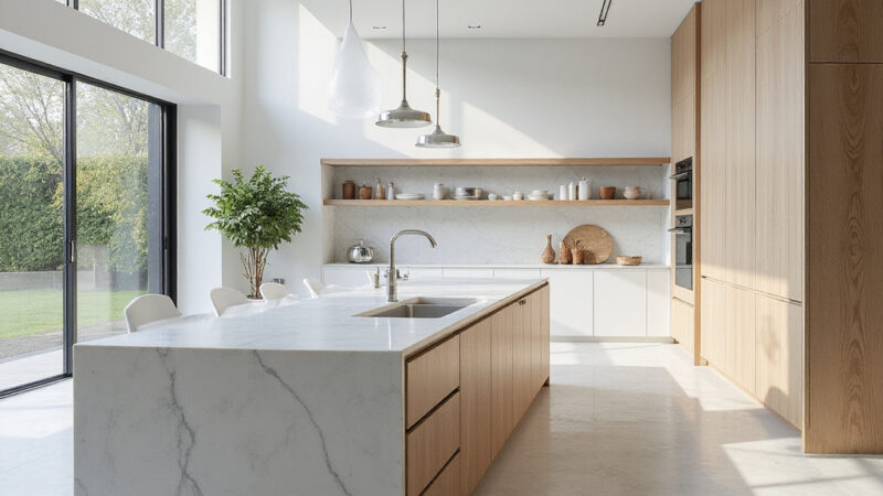 Alt-text : Cuisine moderne avec des appareils électroménagers intégrés dans des meubles sur mesure, offrant une esthétique épurée et fonctionnelle.