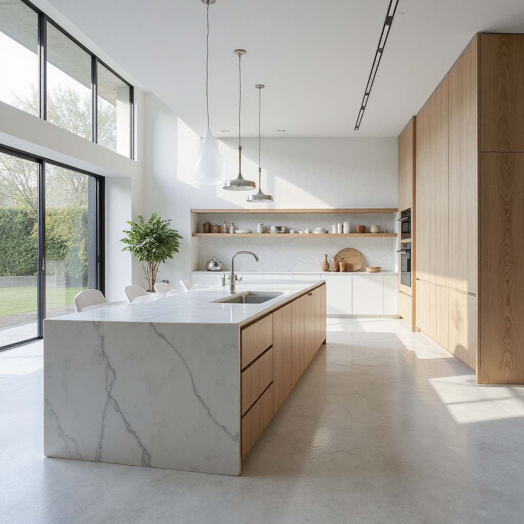Alt-text : Cuisine moderne avec des appareils électroménagers intégrés dans des meubles sur mesure, offrant une esthétique épurée et fonctionnelle.