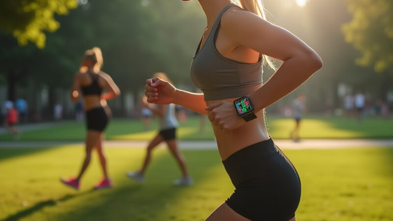Une femme utilisant l’Apple Watch avec l’application Workout Buddy pendant une course, recevant des conseils vocaux en temps réel.