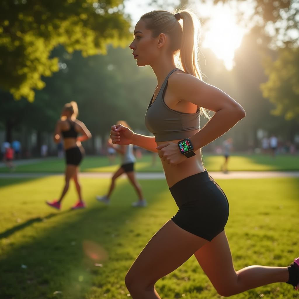 Une femme utilisant l’Apple Watch avec l’application Workout Buddy pendant une course, recevant des conseils vocaux en temps réel.