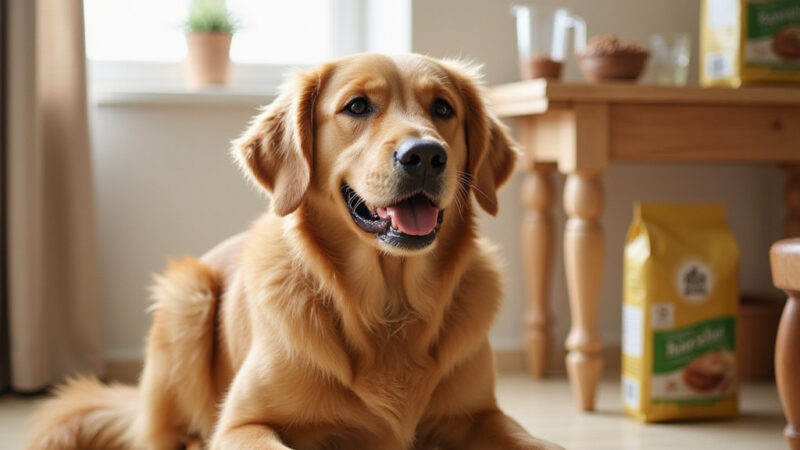 [Un chien heureux mangeant dans une gamelle avec une transition alimentaire en arrière-plan]